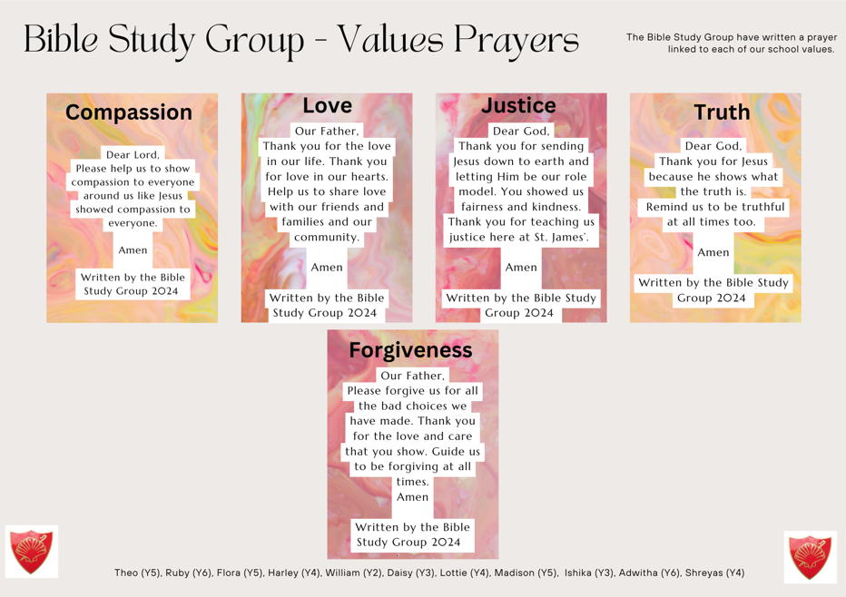 BIble group have written prayers linked to our school values 